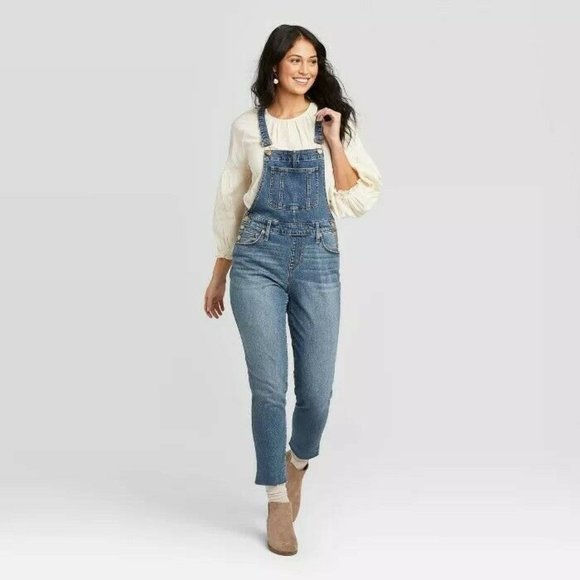 Universal Thread Pants - Women's High Rise Raw Hem Denim Cropped Overalls